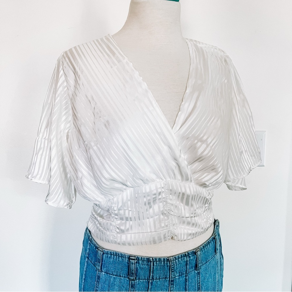 White Satin Wrap Cropped Blouse